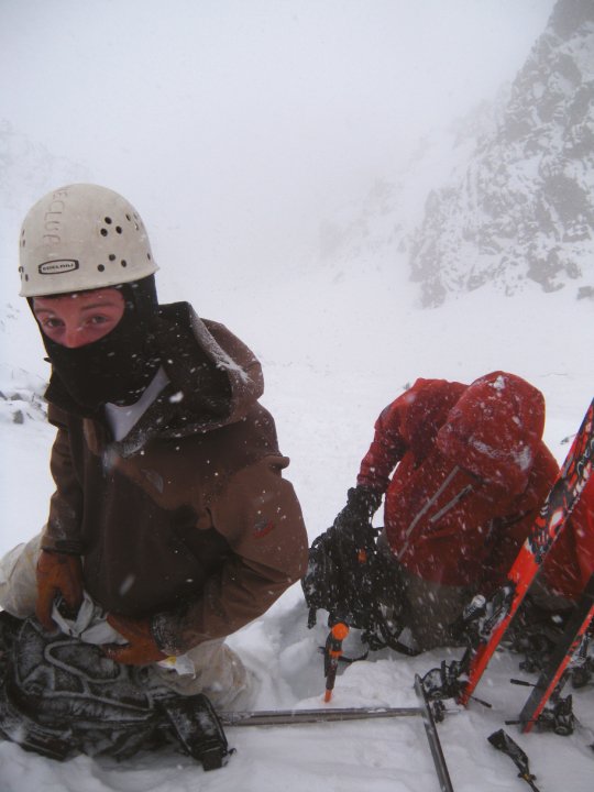 Chris and Joe figuring out how to take off crampons