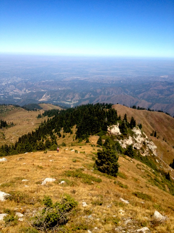 Looking down the ridge we climbed. The pass with the Komsomol Peak view is just on the other side of the white rocks