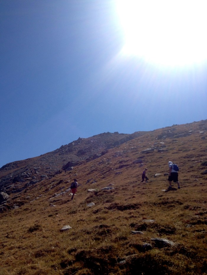 Looking up the hill, the false summit at the top of the photo