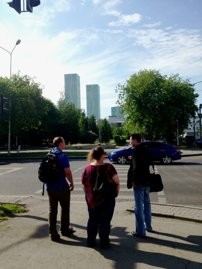 Two Americans and Adil, on the streets of Astana