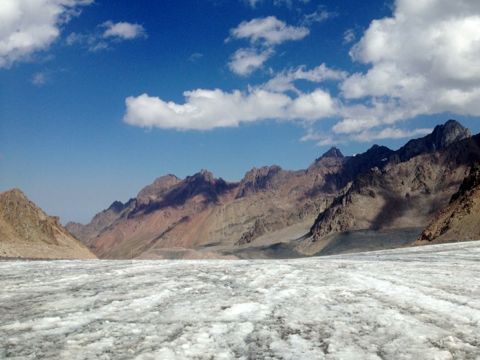 Looking north on the glacier towards Komsomol, Pioneer, Amangeldi and others