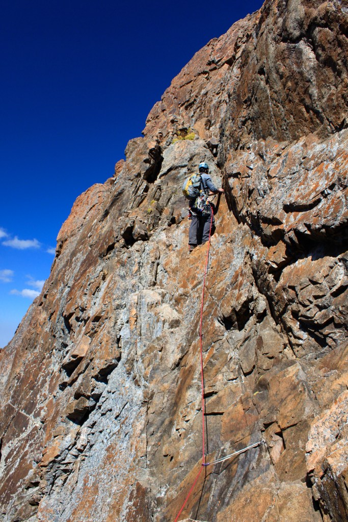 Riley on the sharp end of the first very exposed zone. Photo: Matt