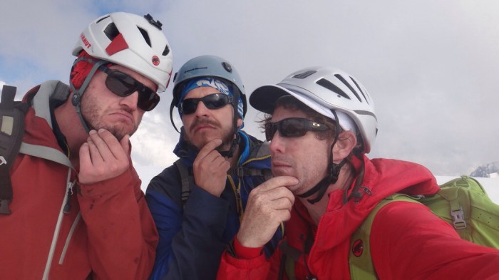 Three Thinking Dudes on the summit of Peak Karlytau, also known as the Snow Dome