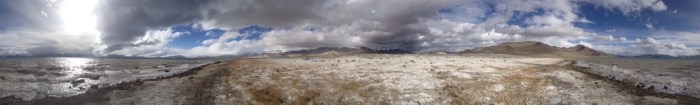 A poorly stitched panorama of Lake Kara Kul. For a 360-degree view, click on this photo.