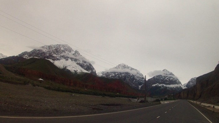 Three rad mountains in the Tien Shan before Taldyk Pass in Southern Kyrgyzstan