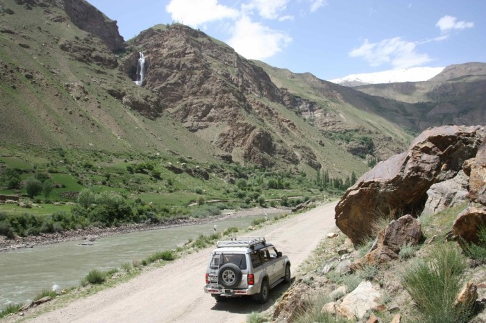The Canyon between Ishkashim and Khorog, with Sailaubai's Pajero waiting patiently. Photo: Helen